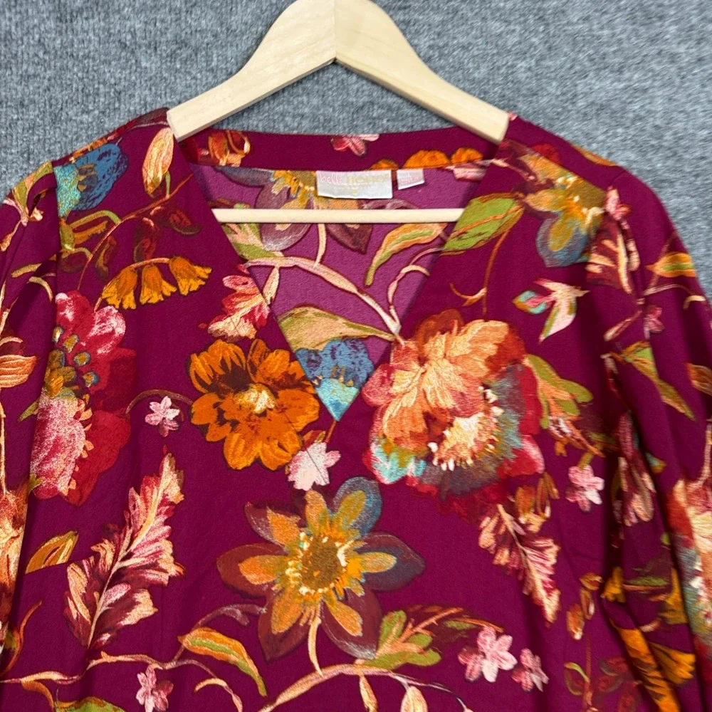 Bell by Kim Gravel Size Large Top Blouse Maroon Floral Boho V Neck Puff Sleeves